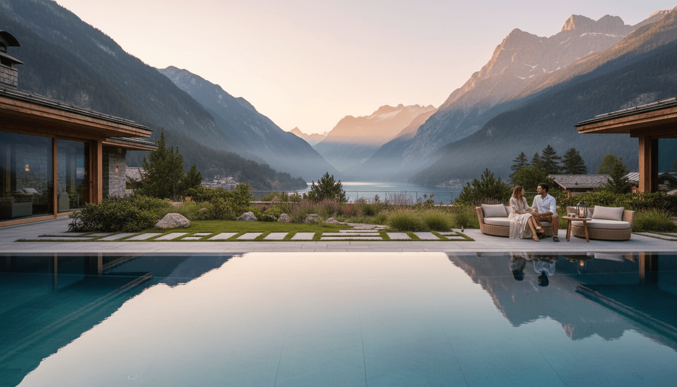 Piscina infinita con vistas al valle al atardecer
